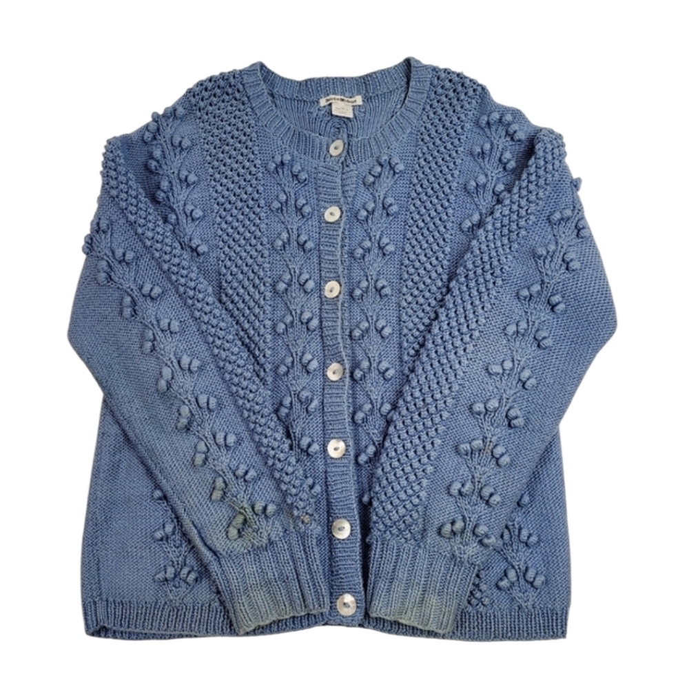 Vintage Deirde McGuire Bubble Hand Knit Blue Cardigan 100% Pima Cotton Sweater